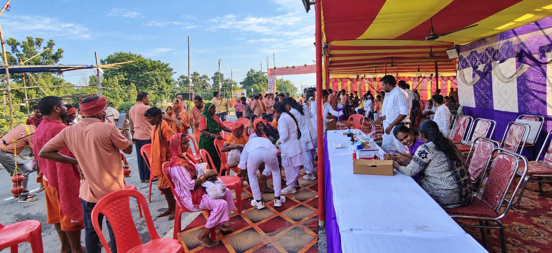 Students at a health camp for pilgrims
