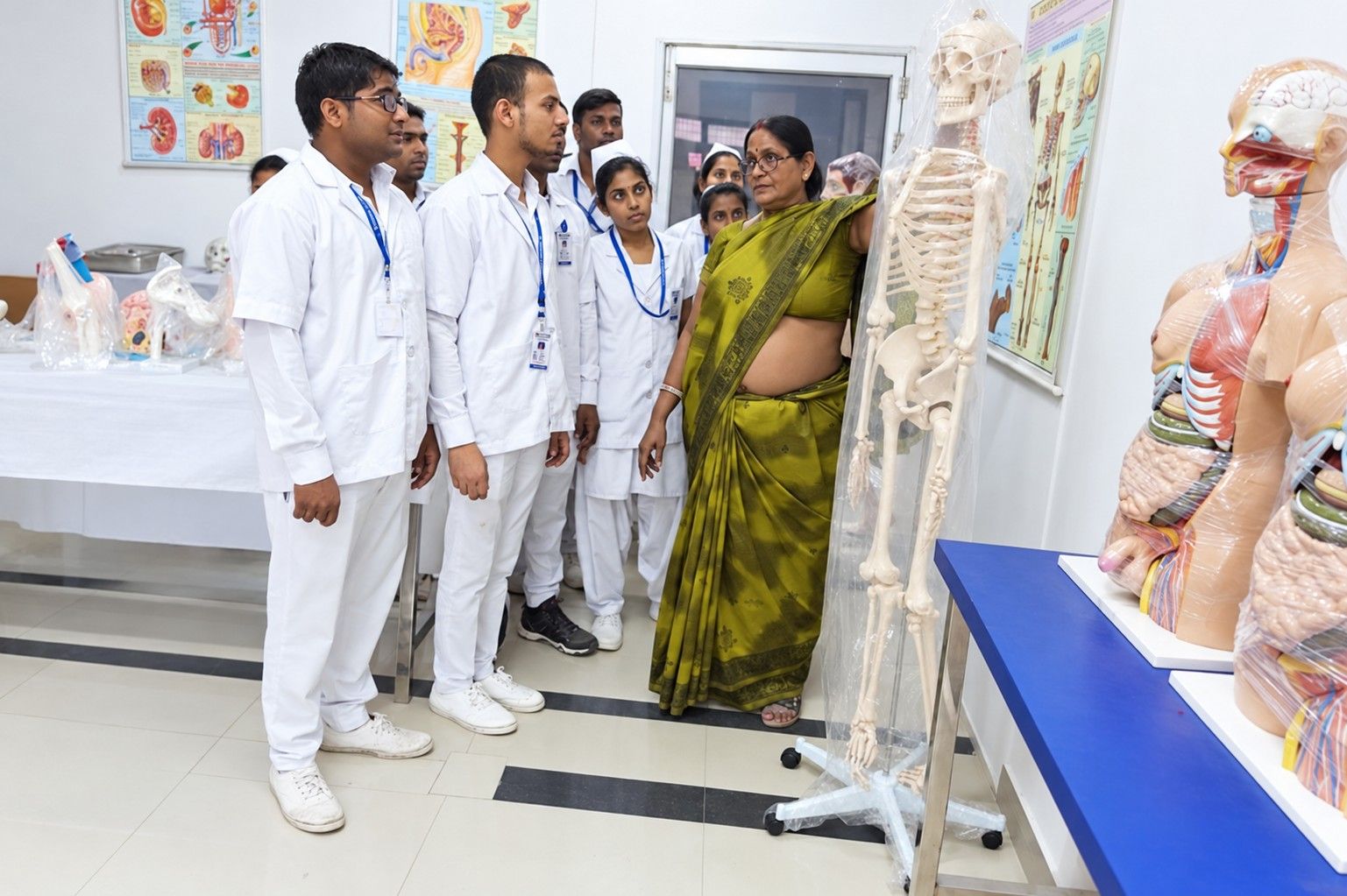 Students with a tutor and a skeleton model
